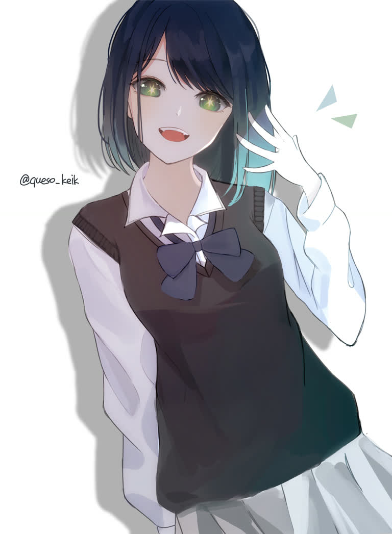有一幅画是一个绿眼睛和校服的女孩