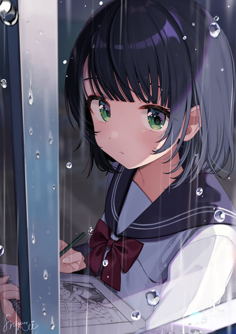 有一个女孩在雨中向窗外望去