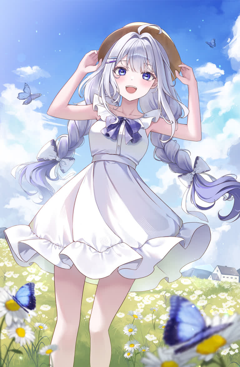 有一个女孩站在一片花田里