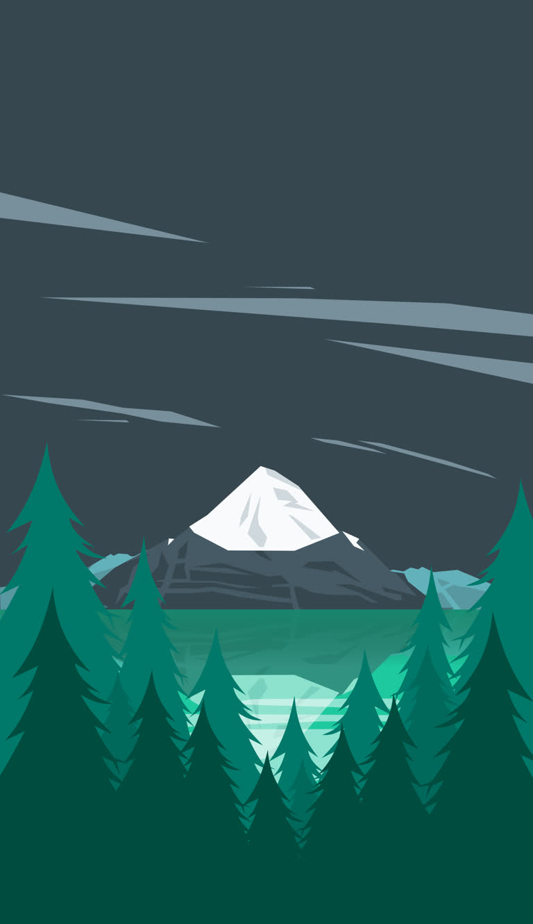 远处有一座山,前景是松树