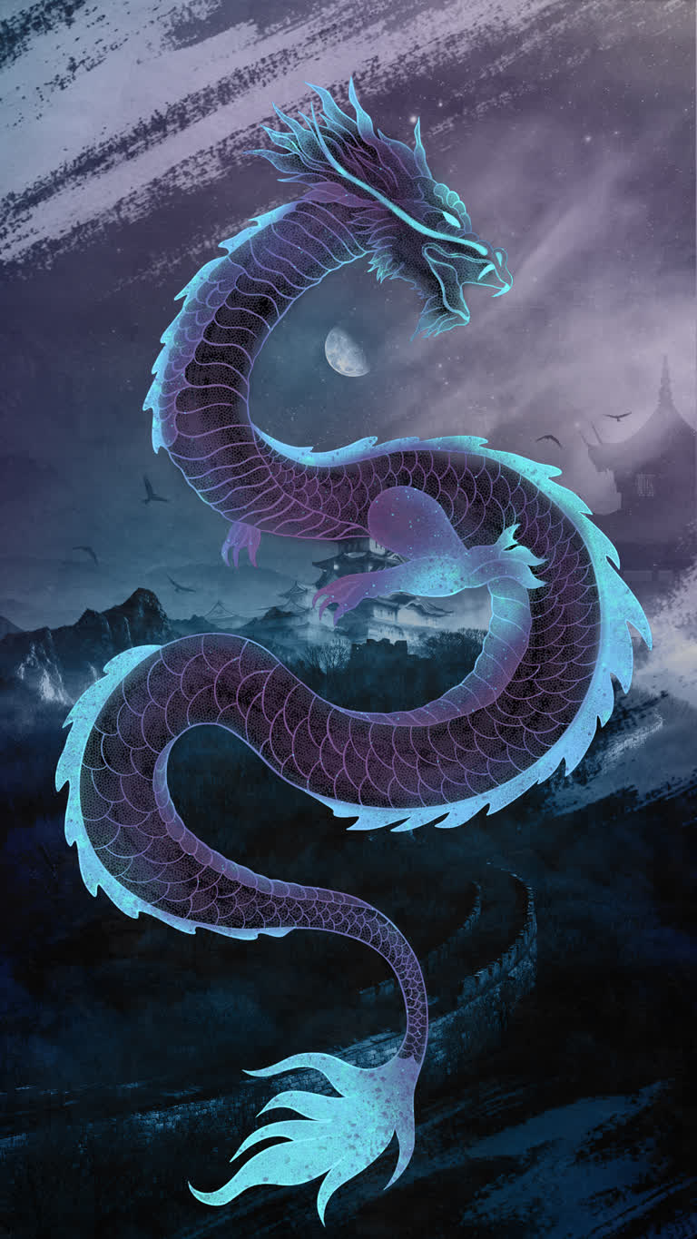 画一幅背景是满月的紫色龙
