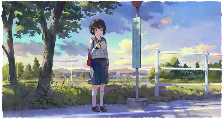 一个年轻女孩站在路牌前的画