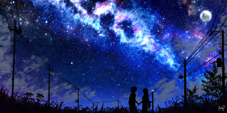 星空下的草丛里站着两个人