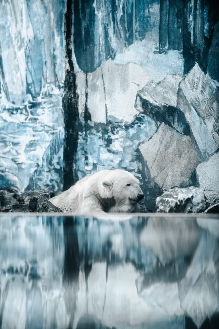 有一只北极熊躺在水里