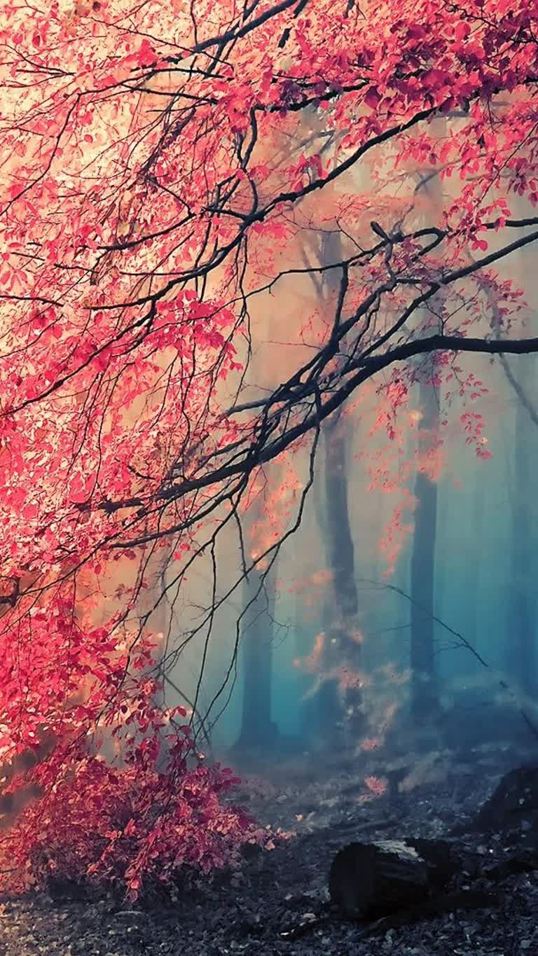 雾气缭绕的森林中间有一棵红树