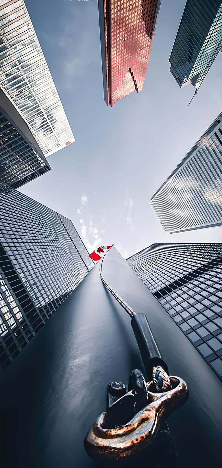 城市中的高楼大厦,前景是路灯